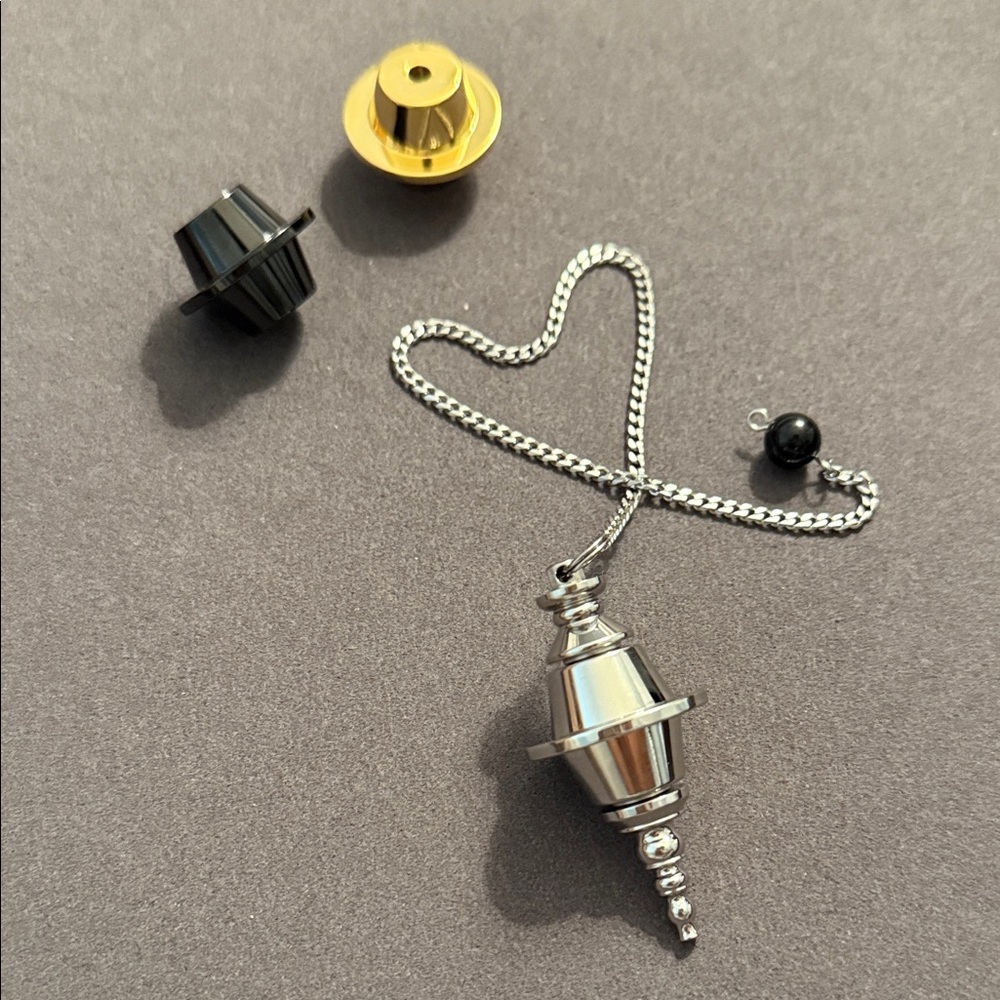 Silver, Gold & Black Pendulum Set – Stainless Steel + Crystal Tip